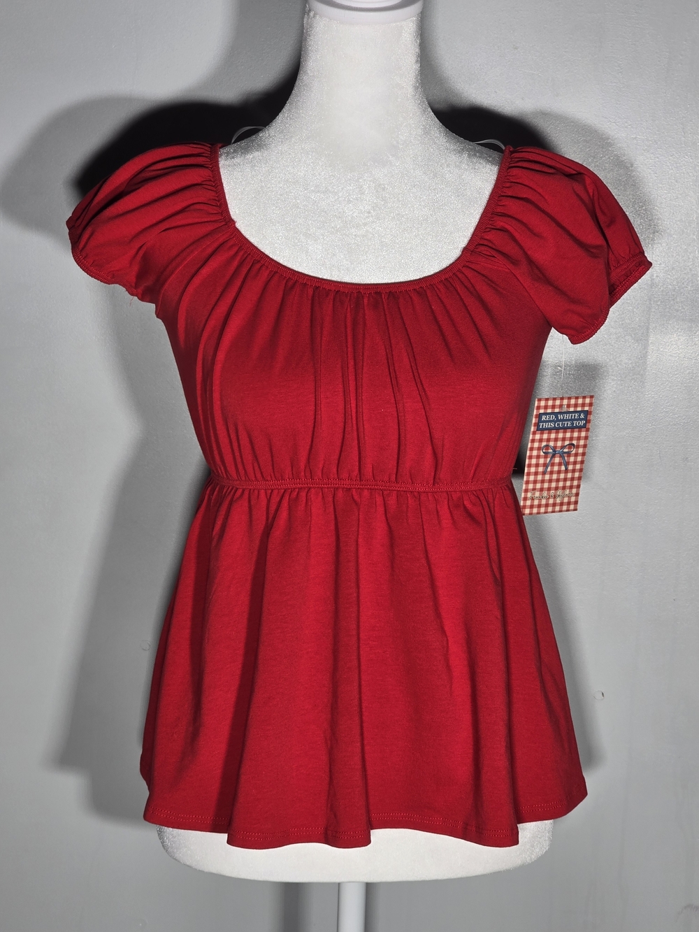 Red Gathered Peplum Scoop Neck Top - Unlabeled